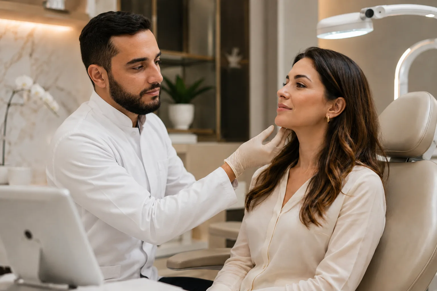 Profissional e paciente em contexto institucional de planejamento para harmonização facial