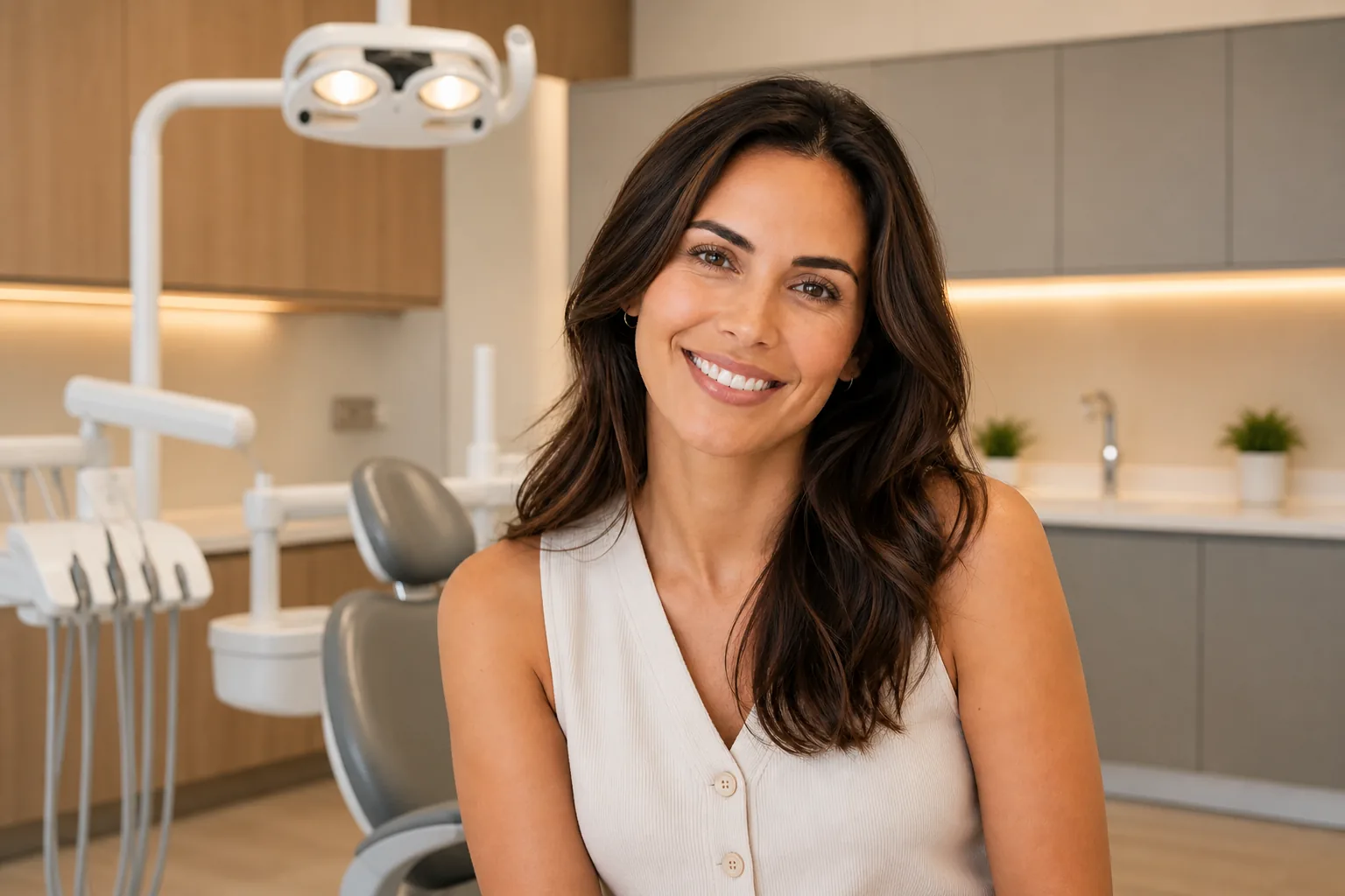Paciente sorrindo após conversa de cuidado odontológico