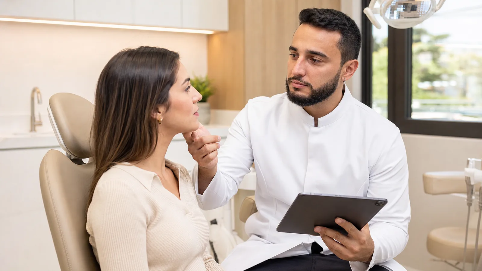Dr. Francisco conversa com uma paciente durante avaliação facial em consultório odontológico