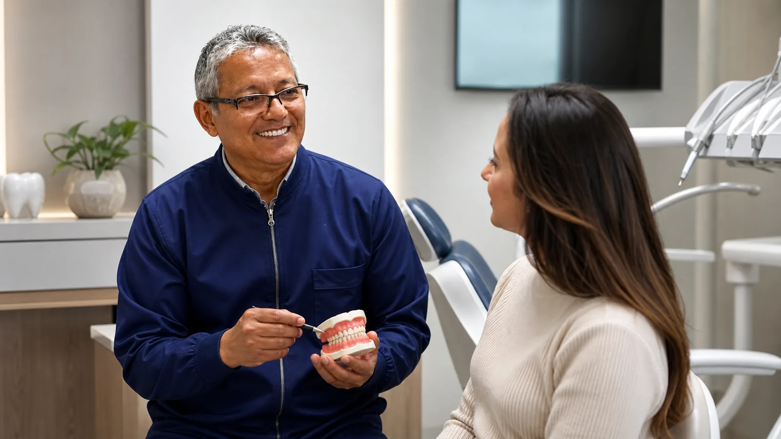 Dr. Carlos orienta uma paciente com um modelo odontológico em consultório