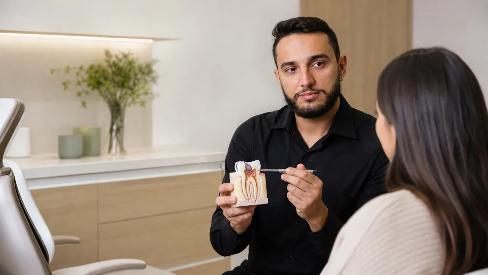 Dr. Francisco orienta uma paciente com um modelo de dente em consultório odontológico