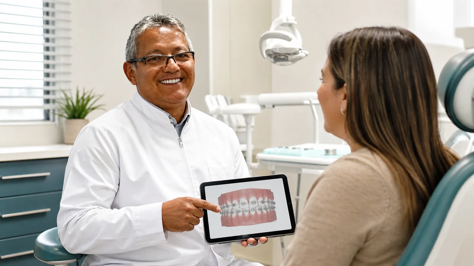 Dentista conversa com paciente e aponta para uma tela com modelo do sorriso em consultório