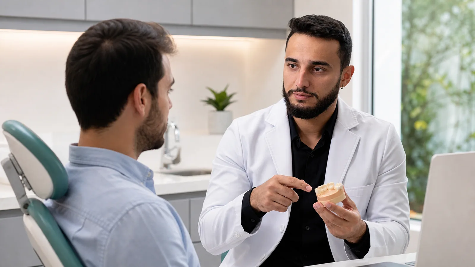 Dr. Francisco conversa com paciente e mostra um modelo odontológico em consultório