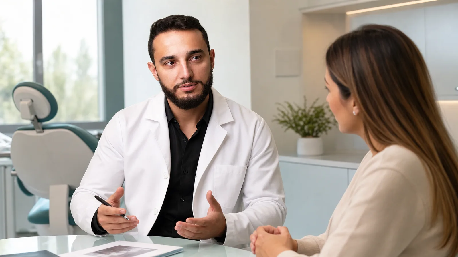 Dr. Francisco conversa com paciente sobre possibilidades de cuidado facial em consultório